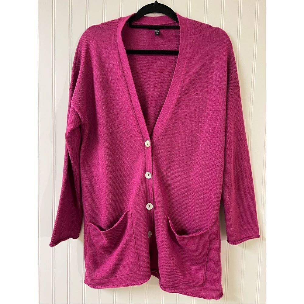 Eileen Fisher Raspberry Pink V-Neck Button Cardigan